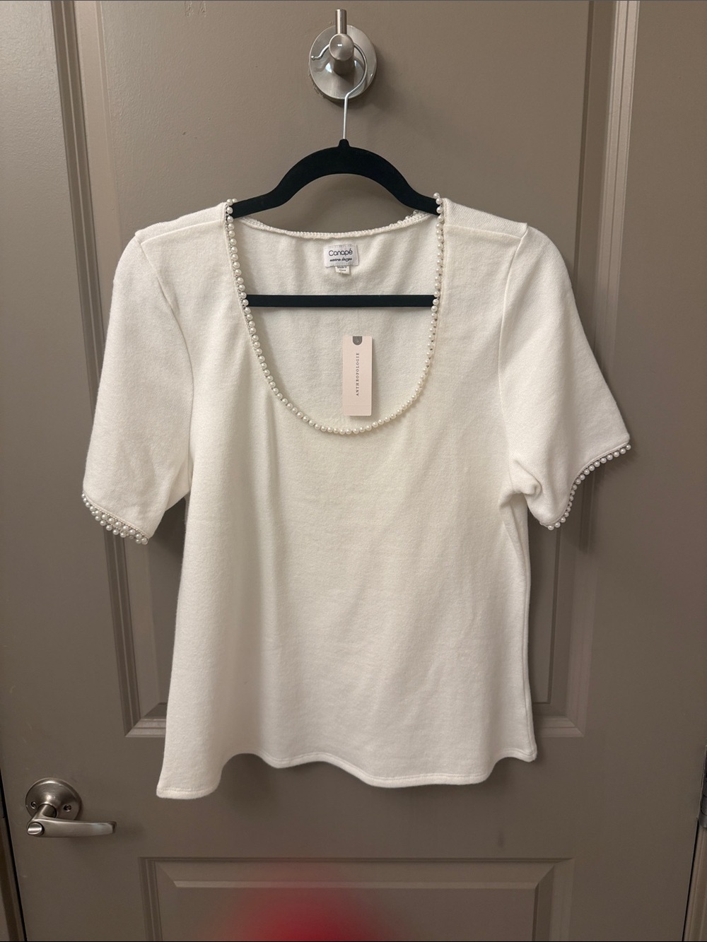 Casual Pearl-Trim Scoop Neck Top - White -